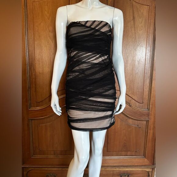 TULLE Strapless Dress Black Mesh Pink Lining Size M Party Wedding Night Out - Picture 5 of 13